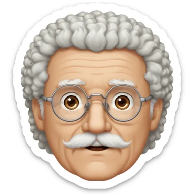 An elderly man emoji fluffy curly white hair, brown eyes behind black-framed glasses, a narrow pointed face, and a thin straight white mustache above his mouth. sticker