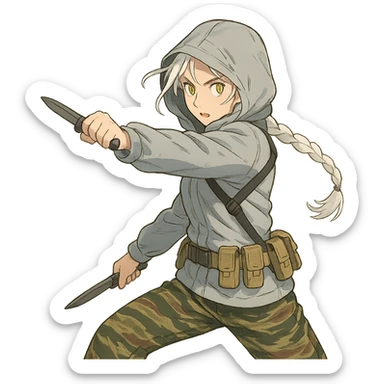 1 female, mid-20's  white hair long braid, gold yellow eyes, light gray rainproof waterproof tactical jacket, hood up, tight-fitting single point sling, tan mag pouches on belt rig, tiger stripe camo pants, holding a combat blade, striking, swinging sticker