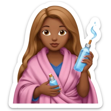 Curvy, light brown long hair, pretty black girl light pink lipgloss wrapped in blanket holding a brown cigarette and water bottle  sticker