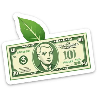 Minimal line-art icon of a money bill with a leaf symbol on the corner, clean modern style, simple outlines, slight 3D, no background, transparent, represents pure and ethical income. sticker