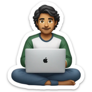 A 23 year old Indian product designer sitting infront of a macbook sticker