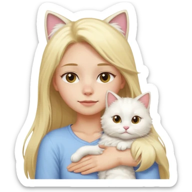 a girl with long blonde hair and a white fluffy cat lying on her left shoulder and neck, emoji style, suitable for Discord and Slack sharing sticker
