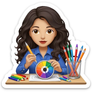 female dark wavy long hair graphic designer , color wheel, pens, papers sticker