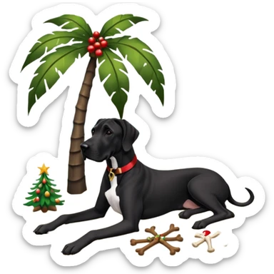 Black (no white) cropped Great Dane laying on a tropical beach with a Christmas tree and dog bones under the tree sticker