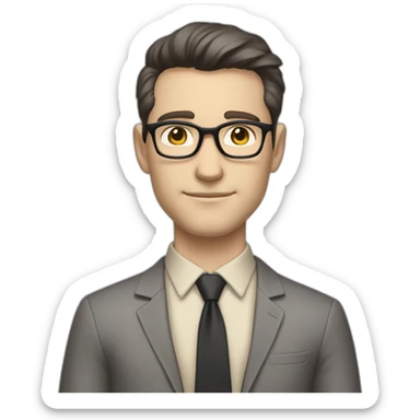 Full height Pale skinned Fit Man With dark brown hair in classic gray suit, beige office shirt, dark gray tie, and vintage glasses. His hands lock sticker