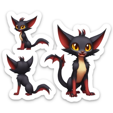 Black cool vampiric Noivern-Litten-Lykoi-Caracal-Fakemon with big bat ears full-body sticker