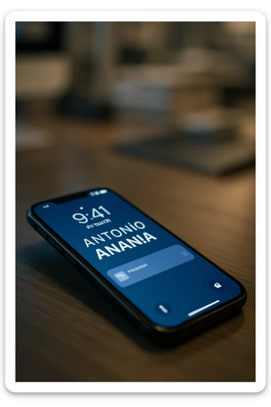 A photo of an iPhone with the message "Antonio Anania" on its screen, The phone sits atop a desk with a blurred background that suggests work environment. A faint glow from above casts gentle shadows across the surface of each object, creating depth and highlighting their textures. sticker