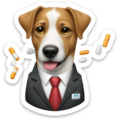 Dog wearing a suit and tie taking pills sticker