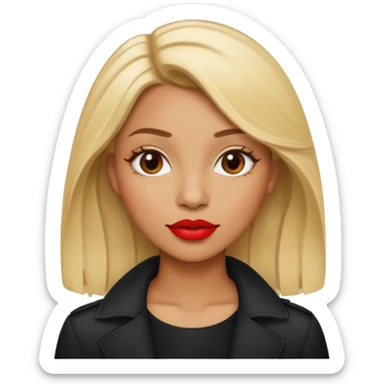Light brown skinned woman with blonde hair and red lipstick sticker