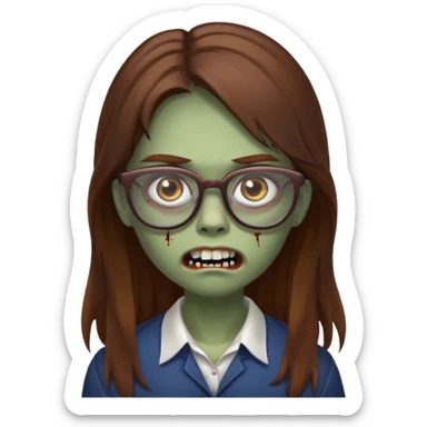 Girl zombie with brown long hair with teeth and serious face IOS style with glasses sticker