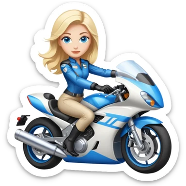 Beautiful elegant blonde woman with bright blue eyes riding a racing motorcycle  sticker