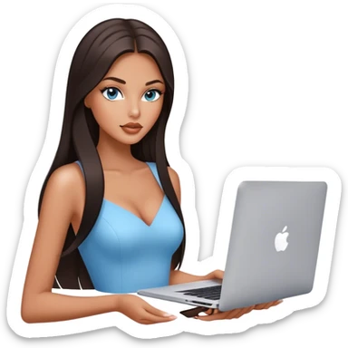 Glamours tanned very beautiful girl with pump natural peach lips and dark chocolate straight smooth long hair, blue-grey eyes with MacBook sticker