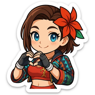 Azucena from Tekken 8 in chibi sticker style, making a heart shape with her hands and a cute expression, wearing the detailed red and patterned outfit from the reference images, designed for Twitch emote use. sticker