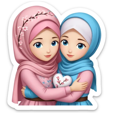 Two sister hugs Turkish girls beautiful finish Konya blue eyes with cherry blossom hijab and heart dress and hugs  sticker
