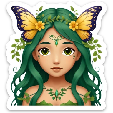 Cinematic Realistic Forest Fairy Portrait, depicted with lifelike, sun-kissed tanned skin that radiates an earthy glow, softly illuminated by natural, dappled light. Her long, flowing dark green hair is intricately detailed and interwoven with delicate vines and wildflowers, while her deep, soulful eyes mirror the wisdom of the forest. Dressed in an attire inspired by nature’s palette—with subtle botanical motifs—the portrait exudes a soft, enchanted glow that melds realism with woodland magic showing her large butterfly wings from her back. sticker