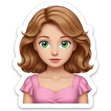 A woman has beige skin, wavy light brown hair, green-blu eyes, she wears pink dress  sticker