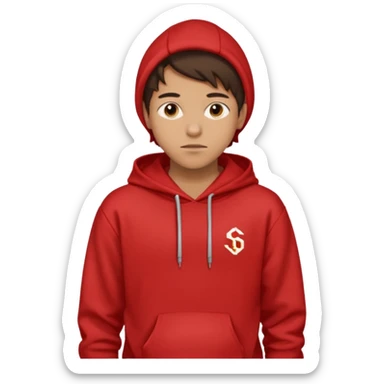 make me an emoji of an americain 19 yearold boy in a red hoodie that says "south" on it and give him with tan skin with his hands in his hands in his pocket not grining flexing his muscles sticker