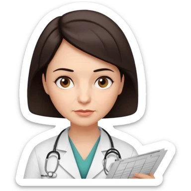 A female doctor in her 50s with visible facial wrinkles, dark brown short bob hair, looking down at and focusing on a medical chart. sticker