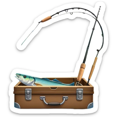 Icon for Fishing Travel: a boat on a calm lake surrounded by mountains and lush greenery, with fish jumping out of the water, a fishing rod, tackle box. The icon should capture the peaceful and adventurous nature of fishing trips. Transparent background. sticker