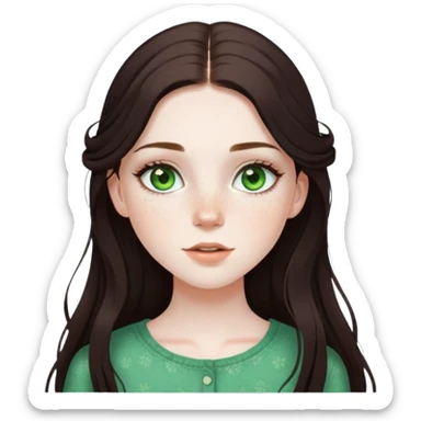 pretty girl with pale skin, freckles, green eyes, long lashes, dark brown long hair in summer styled outfit sticker