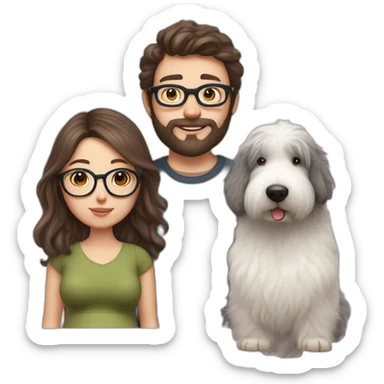 Hyperrealist pregnant girl with half long brown hair with glasses, a boy with long beard, glasses and short hair and english sheepdog sticker