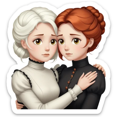 Two Victorian women with light eyes, one with bright white coiffed hair and one with dark copper coiffed hair, wearing Victorian turtleneck dresses, embracing each other in a sad, intimate hug sticker