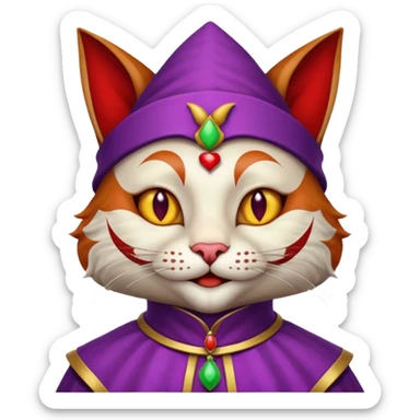 crazy colorful cute little cat jolly joker from poker, medieval, vintage, court jester, mac os icon, purple and red color, half body sticker