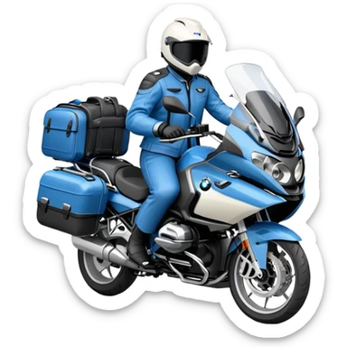 blue BMW R 1200 RT touring motorcycle with rider and luggage panniers sticker