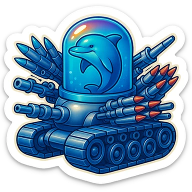 Edit the images to depict a menacing dolphin in a water tank mounted on tank treads with a lighter metallic look and less grainy texture. The water in the tank should be blue. Add many missiles and weapons all pointing forward. Maintain the retro sticker style with no border. sticker