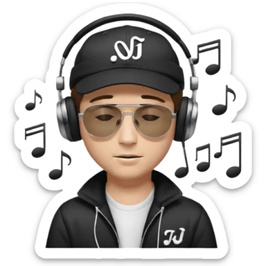 dj man white with baseball cap - rayban Sun Glasses 80s - brown hair - closed eyes with headphones on with musical note over head (listening to music ) - eyes closed no glasses - black hat  musical notes floating around head -  sticker