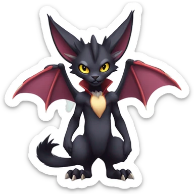 Black cool vampiric Noivern-Litten-Lykoi-Caracal-Fakemon with big bat ears full-body sticker