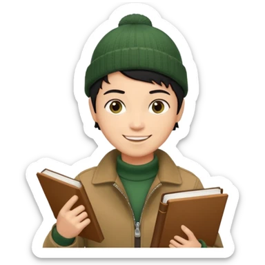 tan skin, non binary man with pixie cut black hair, wearing brown jacket and dark green beanie, smiling , holding up  book  sticker