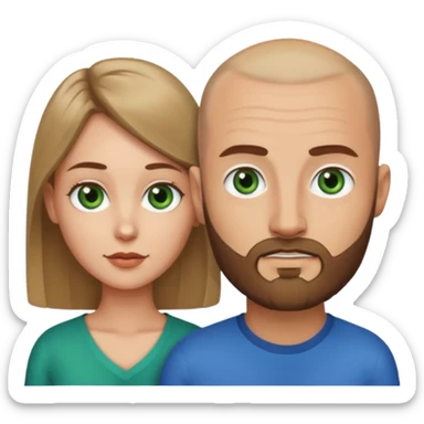 Man on left with shaved head with dark blonde beard and blue eyes, woman on the right with long dark brown hair green eyes  sticker