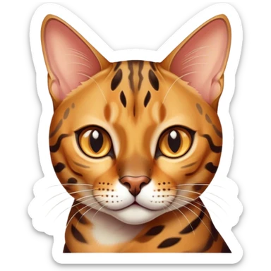 Cinematic Bengal Cat Portrait Emoji, Elegant and striking, sleek spotted brown and gold tones, Simplified yet sharp features, highly detailed, glowing with a warm, confident glow, high shine, playful and curious, stylized with an air of grace, focused and attentive, soft glowing outline, capturing the essence of agility and confidence, so lifelike it feels as though it could spring into motion at any moment! sticker