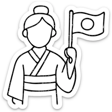 person in a traditional kimono holding the Japanese flag, hand drawn outlined icon sticker