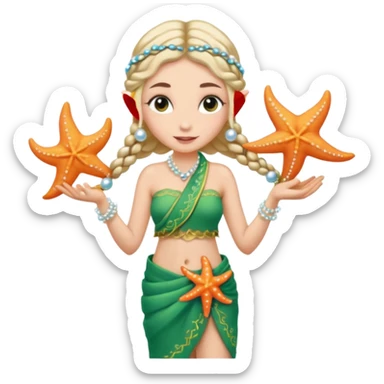 elf female Sarong with bioluminescent embroidery, armful of starfish, hair in a braid with pearl pins sticker