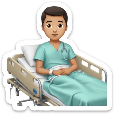 A young hispanic guy lies in a hospital bed because of a broken leg. sticker