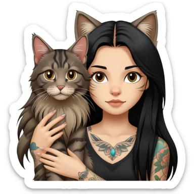 girl with long black  straight hair and tattoos and a tabby Maine coon cat sticker