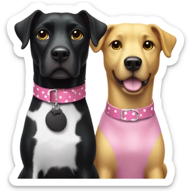 Black dog with white spotty legs and pink collar sitting next to bigger black dog with white legs and yellow collar sticker