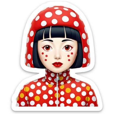 Yayoi Kusama – Cinematic Realistic Portrait of Yayoi Kusama, depicted as an avant-garde artist with an eccentric, captivating expression surrounded by her iconic polka dot patterns, rendered with vivid textures and imaginative lighting that evokes her unique, surreal creative world. sticker