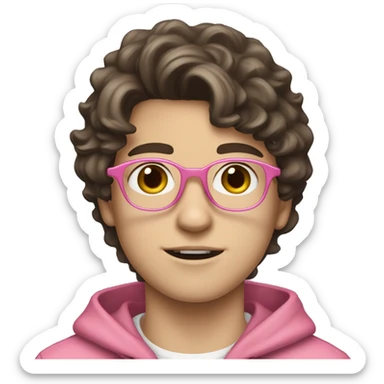 14 year old white boy with brown eyes and dark brown hair. Glasses and hair is wavy but short. Has fringe and it falls to one side of face a bit. Wearing pink hoodie. White skin 😭  sticker