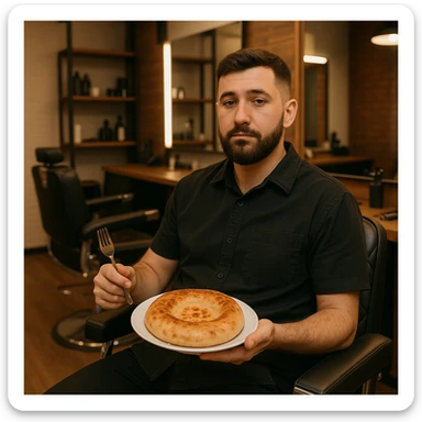 sartarosh xonada sal zamonaviy roq bulsin shunchaki tarelka v vilka ushlab utirsin tarelkada esa faqat uzbekcha non bulsin kayfiyati xam urtacha bulsin xursan bob ketmasin sticker