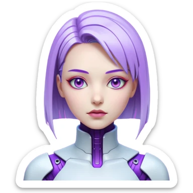 Cyberpunk female android, perfect porcelain skin, glowing artificial eyes, visible faint seams on neck, sleek metallic hair, expressionless, vibrant violet lighting sticker