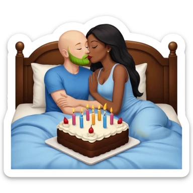 Bald white male with ginger beard and blue eyes kissing African American dark brown woman with long black hair

Laying in bed with birthday cake sticker