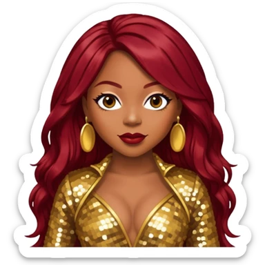 LaTavia Robeson with long dark red hair, gold sequin outfit sticker