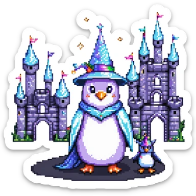 penguin wizard with magical sparkles, a unicorn, fairy, and tiny goblin companion in a pixelated fantasy world with a castle sticker