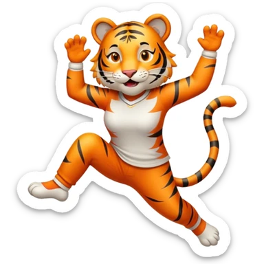 friendly anthropomorphised female tiger in a shirt and pants leaping, energetic pose sticker