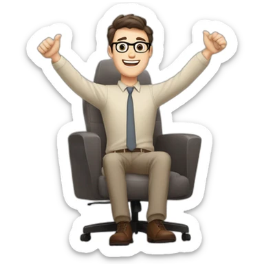Joyful Celebrating victory Hands up Pale skinned Fit Man With dark brown hair in gray jacket, beige office shirt, Brown pants and vintage glasses sitting In a soft chair sticker
