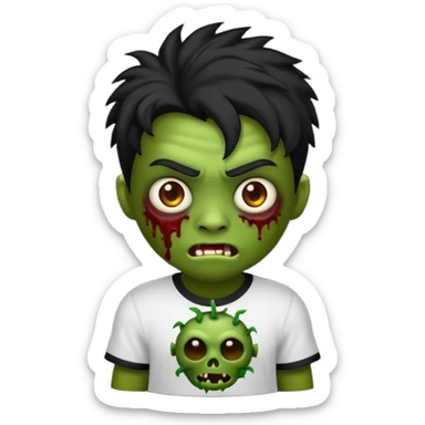 Faça um emoji de um garoto zumbi de cabelos pretos curtos com mechas loiras e com uma camisa preta de mangas compridas. sticker