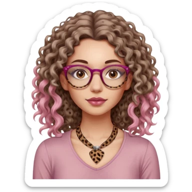 a gray eyed woman with light brunette long curly hair, full lips, pink soft blush and pale skin with leopard printed thin round-ish glasses wearing a silky brown top, a neck tatto that is in the middle of the neck so tiny saying before sunrise in a dactilo font. sticker
